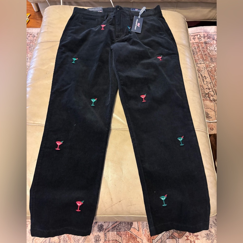 Vineyard Vines Pants Mens 32/30 Allover Martini Print Corduroy Stretch NWT Black
